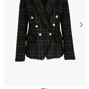 L'AGENCE Black and Gold Plaid Double-Breasted Blazer